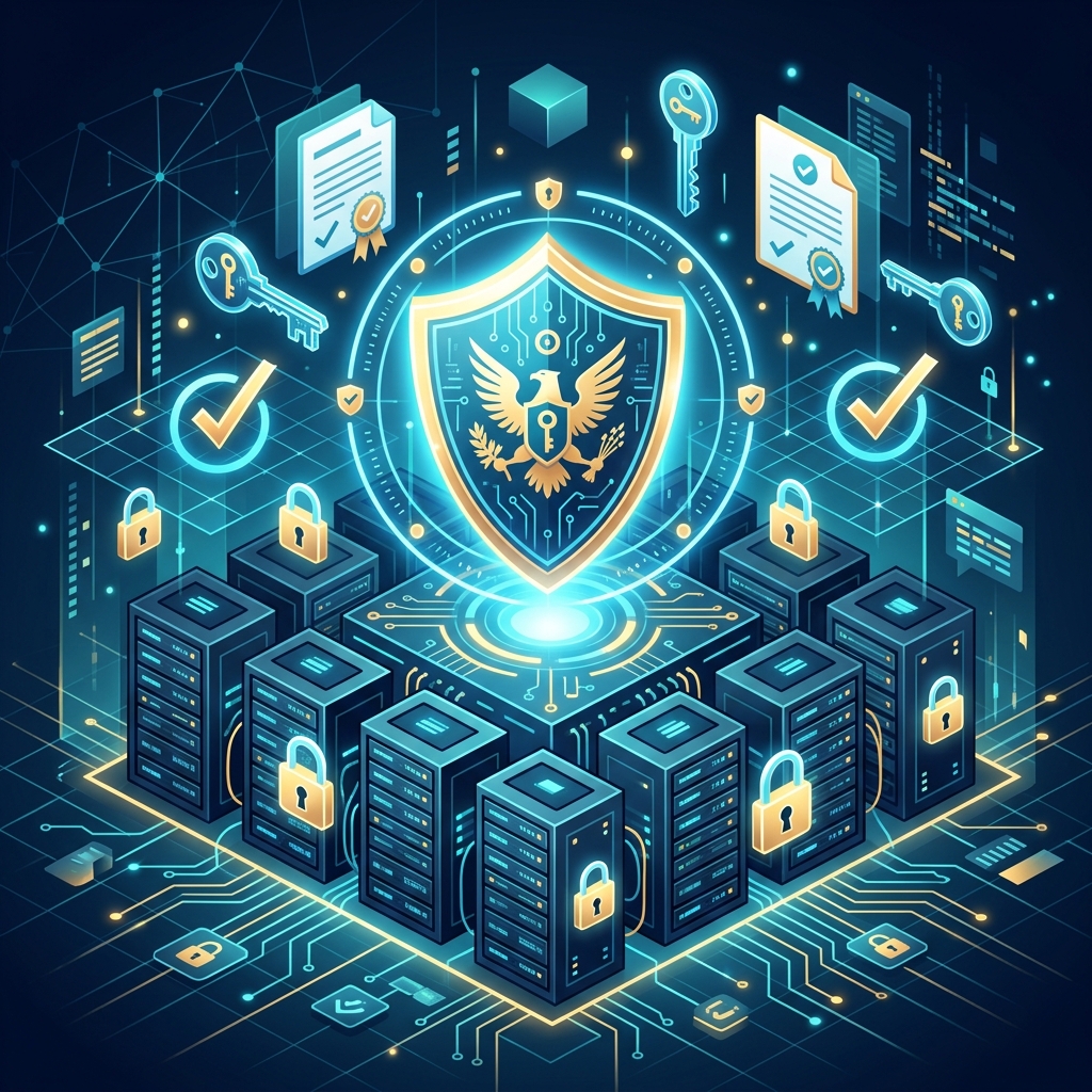 Secure government portal databases illustration showing locks and shield metrics